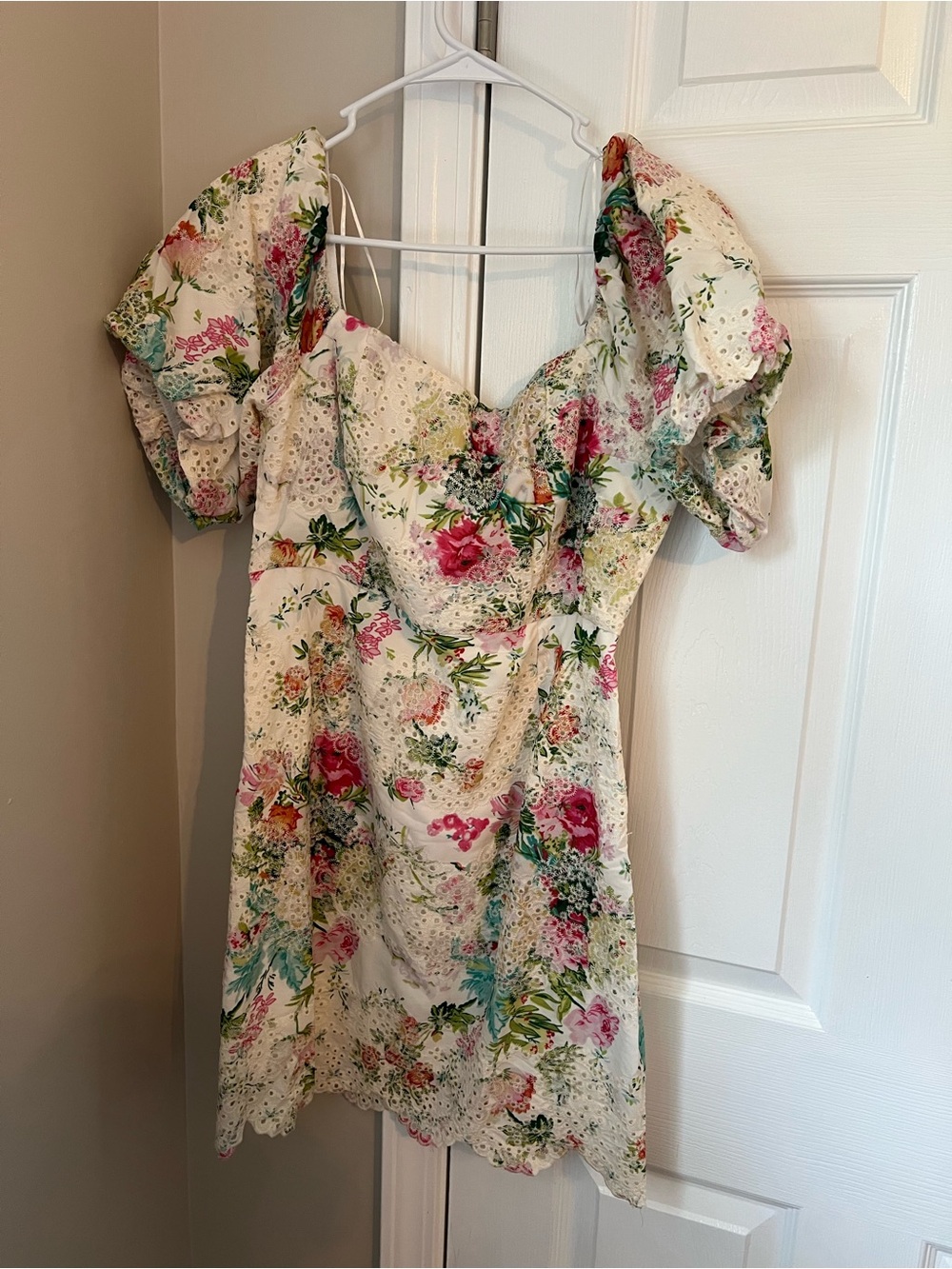 Floral Eyelet Puff-Sleeve Mini Dress in Cream and Pink